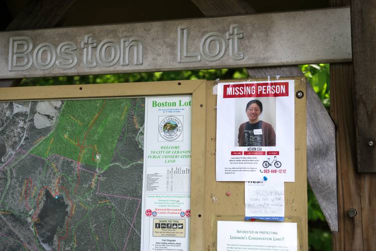 Information about missing West Lebanon resident Kexin Cai, 26, is posted on a kiosk at the entrance to the Boston Lot near Wilder Dam in West Leabnon, N.H., on Monday, May 20, 2024. Cai, a graduate student in Dartmouth College’s Department of Psychological and Brain Sciences, was last seen on Wednesday, May 15, near her Drake Lane home and may have been riding a silver and white e-bike. (Valley News - James M. Patterson) Copyright Valley News. May not be reprinted or used online without permission. Send requests to permission@vnews.com.