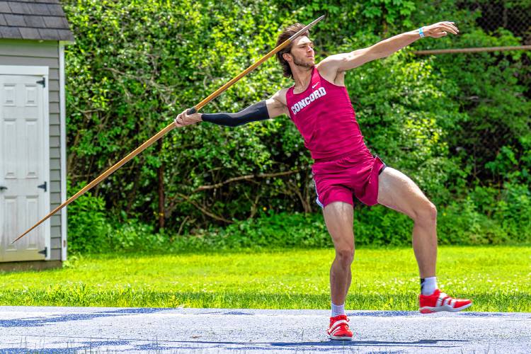Concord’s Nick Reynolds throws the javelin at the New England track and field championships at the University of New Hampshire on Saturday. Reynolds won the New England title with a threw of 193-5.