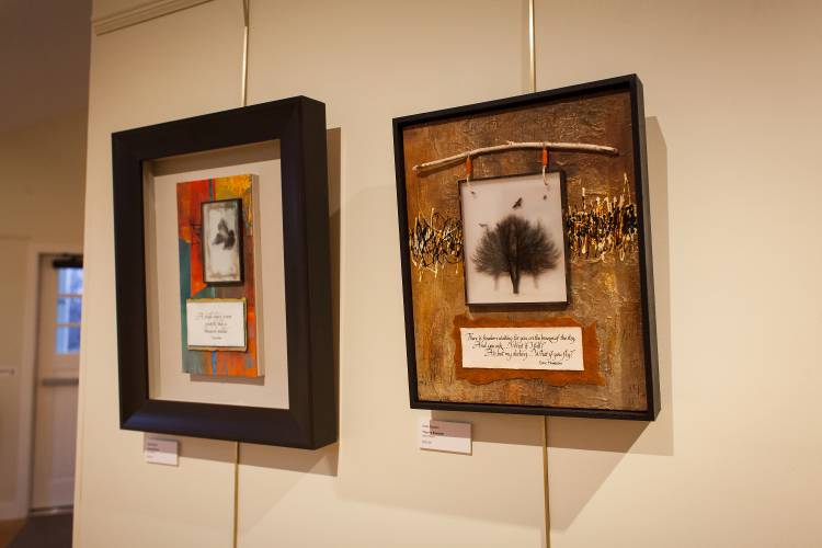 Two mixed media pieces by Adele Sanborn are seen at the holiday exhibit 