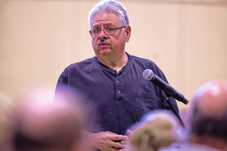 Allenstown resident Ron Adinolfo speaks to the crowd at the elementary school on Saturday, February 1, 2025/ Adinolfo agreed with selectman Scott McDonald that the town should go back to the traditional town meeting format rather than the SB 2 dual sessions.