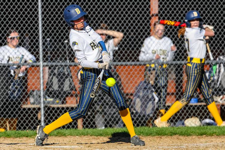 Bow’s Emma Kelly connects on a line drive to right field during a home game against Campbell on Monday. Kelly drove home the game-winning run in the seventh inning as the Falcons defeated the Cougars in a 5-4 walk-off victory. 