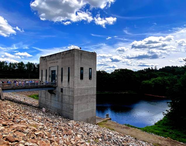 People on the tour of the gatehouse of the Hopkinton Dam on Route 127 in Contoocook on Saturday, July 20, 2024. The Hopkinton-Everett Lakes project provides flood protectionon the Contoocook and Piscataquog rivers, which are tributaries of the Merrimack River.