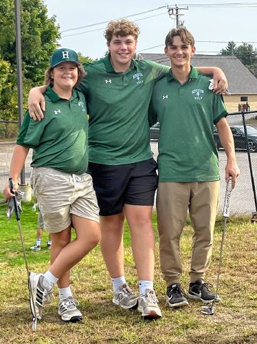 Hopkinton golfers (left to right) Jacob Lanman, Tate Doolan and Bronson Ammann at Farmington Country Club during a match on Wednesday. Ammann recorded a 26 Stableford score to tie for medalist honors as the Hawks swept a tri-match against Concord Christian and Prospect Mountain. Hopkinton golfers (left to right) Jacob Lanman, Tate Doolan and Bronson Ammann at Farmington Country Club during a match on Wednesday. Ammann recorded a 26 Stableford score to tie for medalist honors as the Hawks swept a tri-match against Concord Christian and Prospect Mountain.