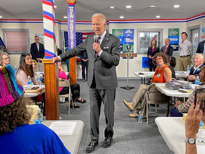 President Joe Biden addressed a political gathering at the NH Democratic Party headquarters on N. State St. in Concord Tuesday, two weeks before Election Day on Nov. 5 President Joe Biden addressed a political gathering at the NH Democratic Party headquarters on N. State St. in Concord Tuesday, two weeks before Election Day on Nov. 5