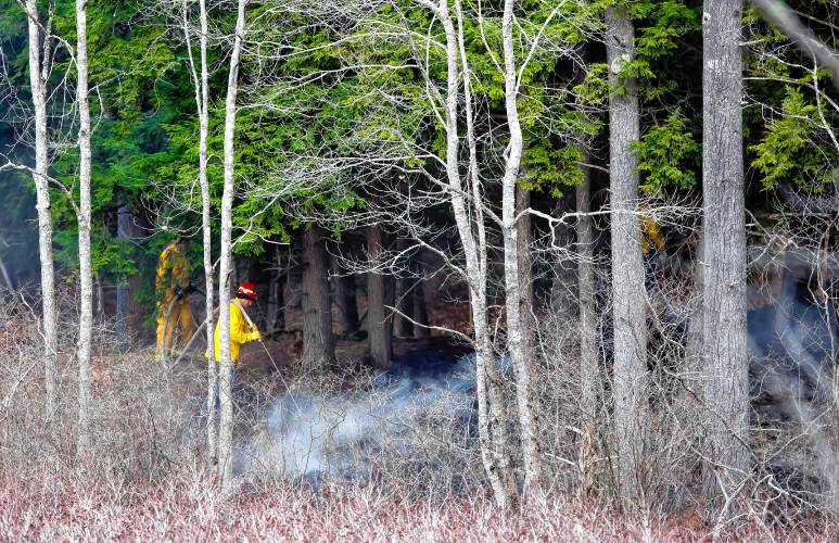 Firefighters spray water on the smoky fire from quarter acre fire out in the woods on Dunbarton town property behind the town sandpit on Tuesday, November 12, 2024. Firefighters spray water on the smoky fire from quarter acre fire out in the woods on Dunbarton town property behind the town sandpit on Tuesday, November 12, 2024.