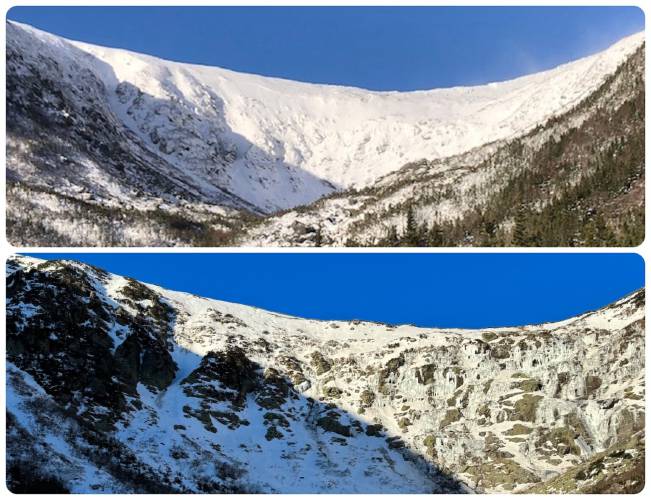 The Dec. 18-19 rain-on-snow event drastically altered the snowpack at Tuckerman Ravine. The top photo is before the storm and the bottom shows what was left of the snow in the immediate wake of the weather event. The Dec. 18-19 rain-on-snow event drastically altered the snowpack at Tuckerman Ravine. The top photo is before the storm and the bottom shows what was left of the snow in the immediate wake of the weather event.