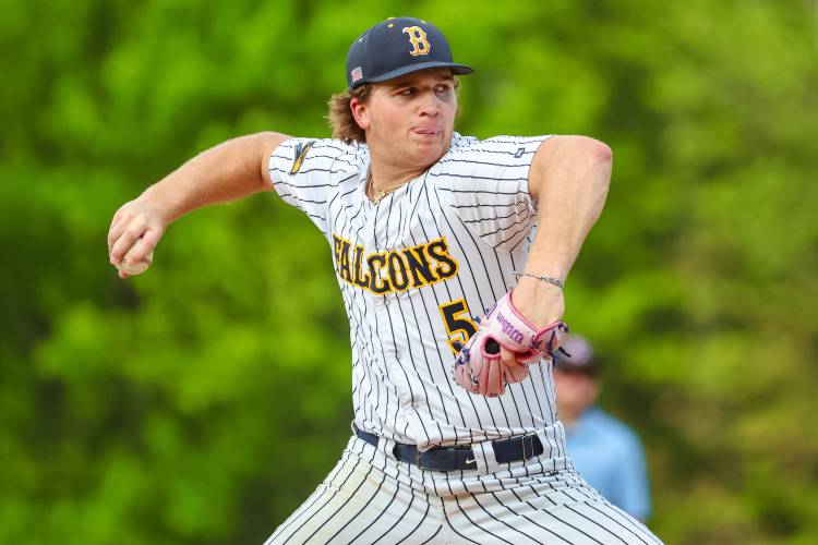Bow’s Peyton Larrabee delivers a pitch during a home game against Kennett. The Falcons won 12-0 on Wednesday.