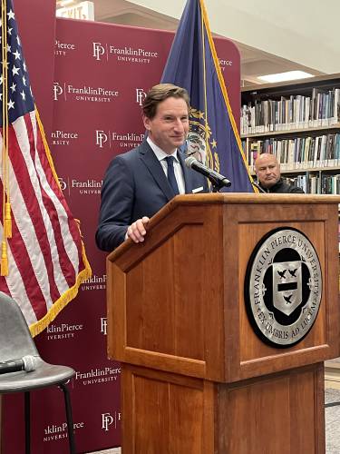 U.S. Rep. Dean Phillips of Minnesota was the second speaker in Franklin Pierce University’s “Pizza and Politics” series Monday.