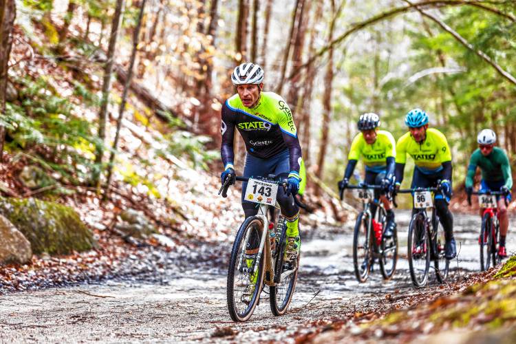 Riders participating in the third annual Pavement Ends Gravel Race that took cyclists through Henniker, Weare and Deering on April 6, 2024.