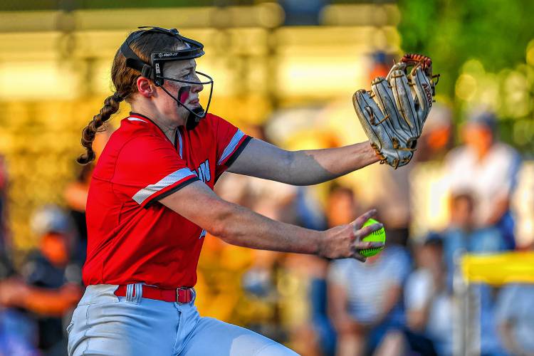 Coe-Brown's Kylie Bieniek pitching during her D-II softball semifinal no-hitter win over Bow on June 4.