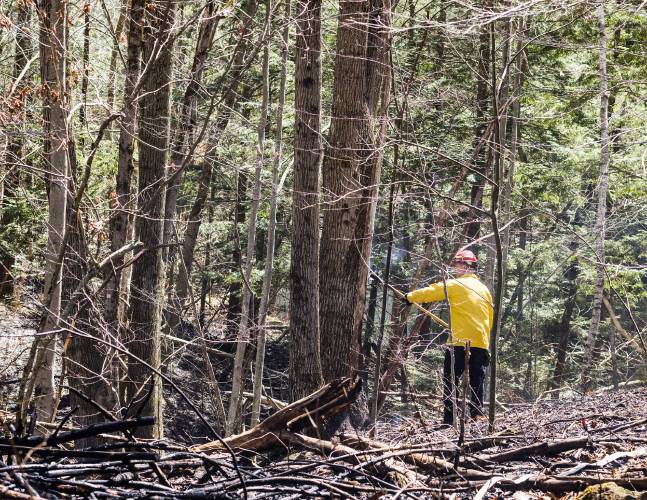 A firefighter works to tap down the burning ambers of a brush fire off of Mt. Delight Road in Epsom on Friday. The fire threatened several houses along the road.