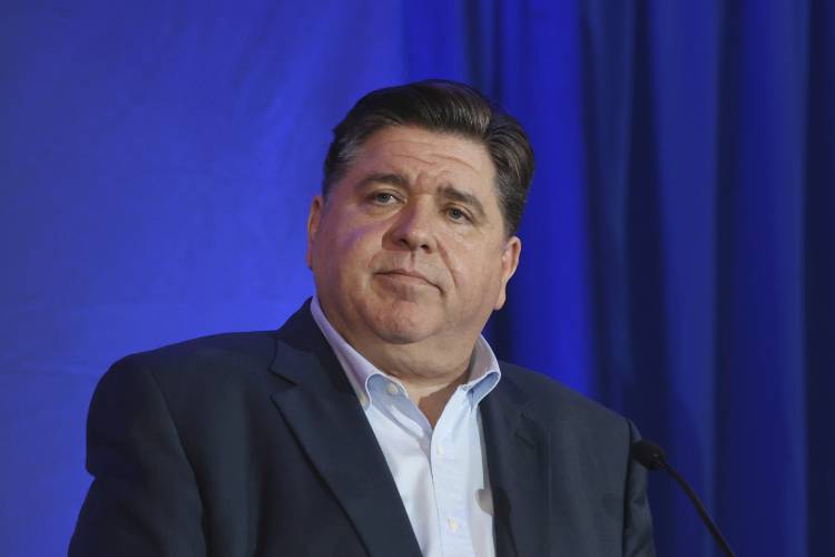 Illinois Gov. JB Pritzker speaks during the McIntyre-Shaheen 100 Club Dinner, Sunday April 27, 2025, in Manchester, N.H. (AP Photo/Reba Saldanha)