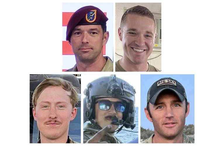 These undated photos provided by U.S. Army Special Operations Command Public Affairs, shows the five Army aviation special operations forces killed when their helicopter crashed in the Eastern Mediterranean over the weekend. From top left to bottom right are, Chief Warrant Officer 3 Stephen R. Dwyer, of Clarksville, Tenn., Sgt. Andrew P. Southard, of Apache Junction, Ariz., Staff Sgt. Tanner W. Grone, of Gorham, N.H., Sgt. Cade M. Wolfe, of Mankato, Minn., and Chief Warrant Officer...