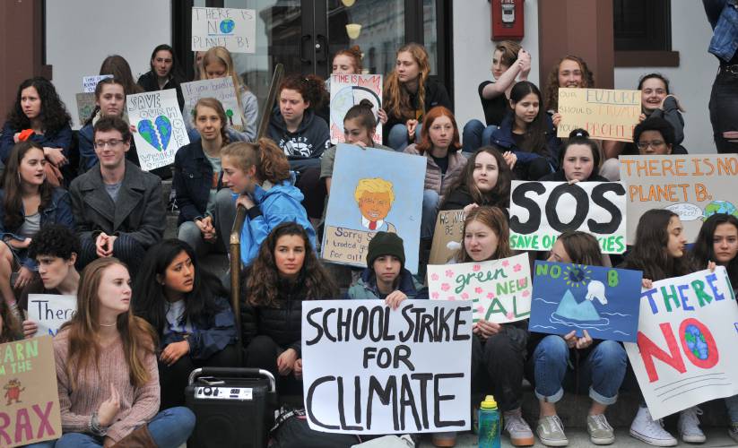 Students from across Hampshire County gathered for a climate change protest on the steps of Northampton City Hall, Friday, May 3, 2019. The protest was a part of Fridays For Future, a series of world-wide, student-led demonstrations to urge action on environmental issues.