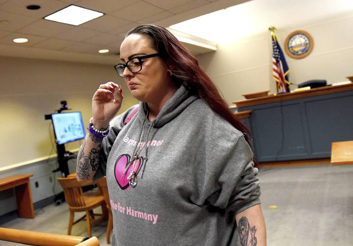 Crystal Sorey, the mother of Harmony Montgomery, leaves court following a probate case hearing at Nashua Circuit Court in Nashua, N.H., Monday, March 11, 2024. The mother of the little girl who was brutally murdered by her father, Adam Montgomery, was in court to declare her daughter deceased in an attempt to file a wrongful death lawsuit. (David Lane/Union Leader via AP, Pool)