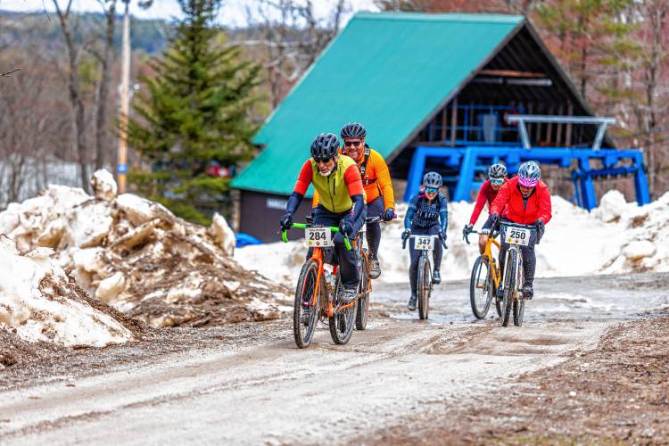 Riders faced a variety of terrains, including cold, above; wet, near right; and wooded, far right.