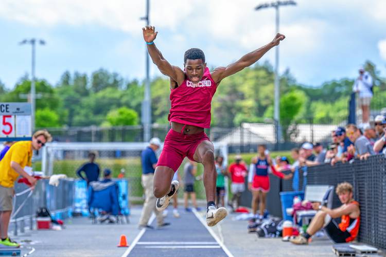 Concord’s Alain Twite competes in the triple jump at the New England track and field championships at the University of New Hampshire on Saturday. Twite finished second in New England in the triple jump and and earned All-New England honors in two events by also finishing sixth in the long jump.