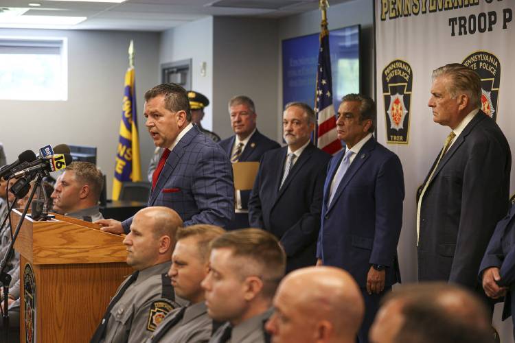 Luzerne County District Attorney Sam Sanguedolce speaks at a news conference, Friday, July 12, 2024, in Wilkes-Barre, Pa. Authorities announced charges in a case in which gang members are accused of trafficking drugs and guns and using dating websites to lure victims, leading to four overdose deaths. (Jason Ardan/The Citizens' Voice via AP)