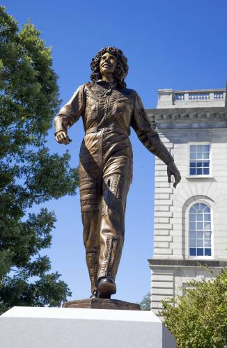 The statue of Christa McAuliffe on State House grounds after the unveiling on Monday, Sept. 2, a day that would have been her 76th birthday.