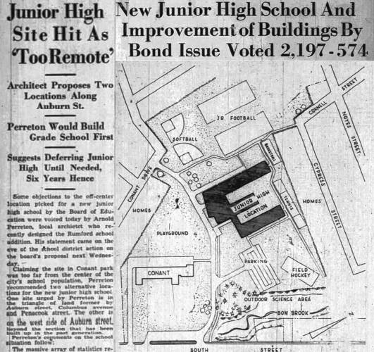Clippings from Monitor coverage in 1955 of the effort to build what is now Rundlett Middle School.