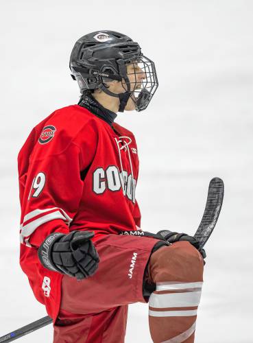 Concord’s Cam Chandonnet (19) celebrates after scoring a second-period goal to break the 0-0 score. Concord secured the Brian C. Stone Memorial Christmas Tournament title with a 3-1 victory over Exeter on Saturday night at JFK Coliseum in Manchester.
