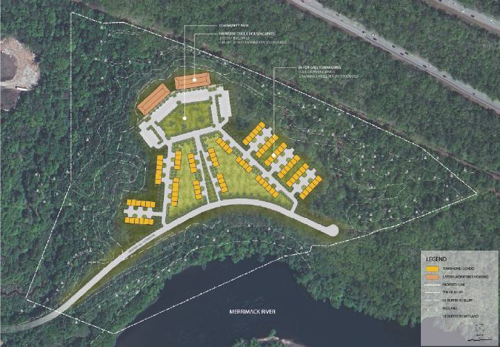  A rendering of New England Family Housing's proposal to put 100 units of affordable housing and 94 condominiums on 40 acres of land along the Merrimack River in Penacook. 