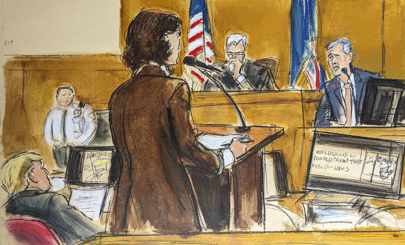 Assistant district attorney Susan Hoffinger, center, questions witness Michael Cohen, far right, as Donald Trump, far left, looks on in Manhattan criminal court, Monday, May 13, 2024, in New York. (Elizabeth Williams via AP)