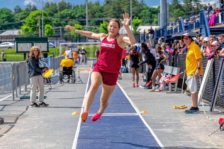 Concord’s Ella Goulas competes in the triple jump at the New England track and field championships at the University of New Hampshire on Saturday. Goulas finished eighth in the event.
