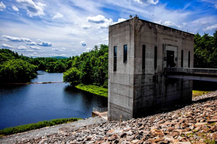 The gatehouse of the Hopkinton Dam on Route 127 in Contoocook, The Hopkinton-Everett Lakes project provides flood protectionon the Contoocook and Piscataquog rivers, which are tributaries of the Merrimack River.