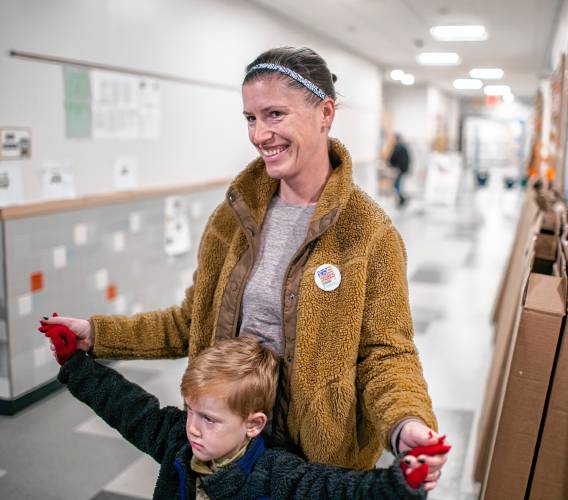 Audrey Redmond with her son, Flynn, at Ward 5 on Tuesday, November 7, 2023.