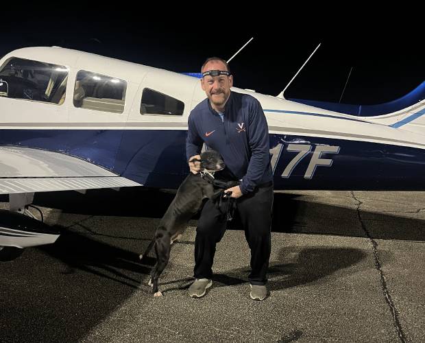 Multiple dogs taken from a back-yard breeder in Georgia were flown to New Hampshire by a non-profit organization, Pilots N Paws. They arrived safe over the Christmas weekend and are available for adoption at Live and Let Live Rescue, Liveandletlivefarm.org. Here, Hondo stands with Pilot Kevin Berger on his way here.