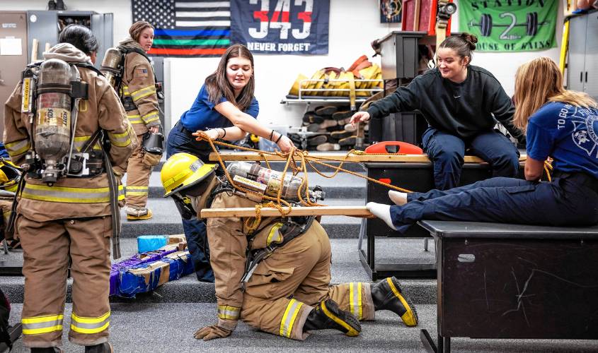 CRTC firefighter students work through the obstacle course on Thursday, March 7, 2024 at Concord High School.