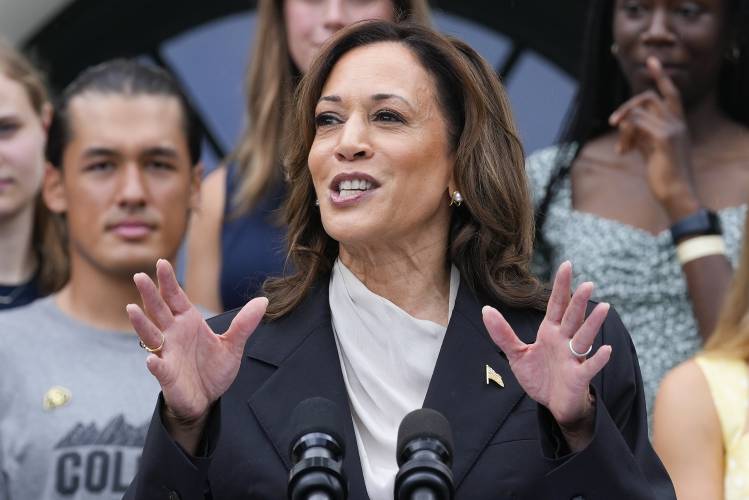 Vice President Kamala Harris speaks from the South Lawn of the White House in Washington, Monday, July 22, 2024, during an event with NCAA college athletes. This is her first public appearance since President Joe Biden endorsed her to be the next presidential nominee of the Democratic Party. (AP Photo/Susan Walsh) 