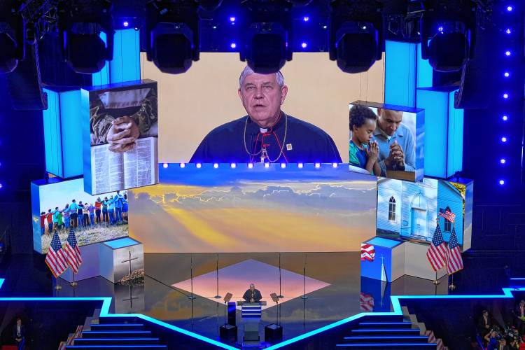 Milwaukee Archbishop Jerome Listecki gives the invocation for the evening session of the Republican National Convention Monday, July 15, in Milwaukee.