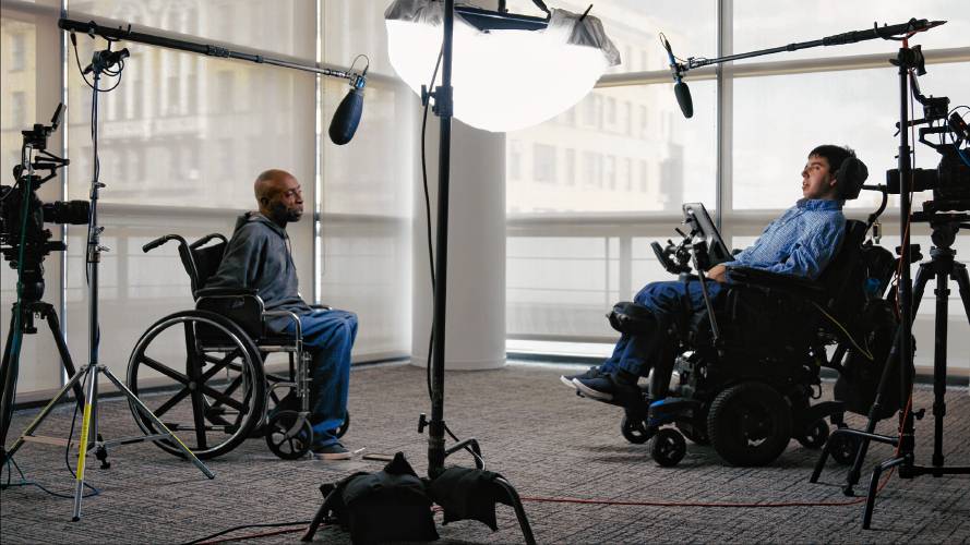 Production set up of Samuel Habib’s (right) interview with human rights activist and hip-hop artist, Keith Jones (left).