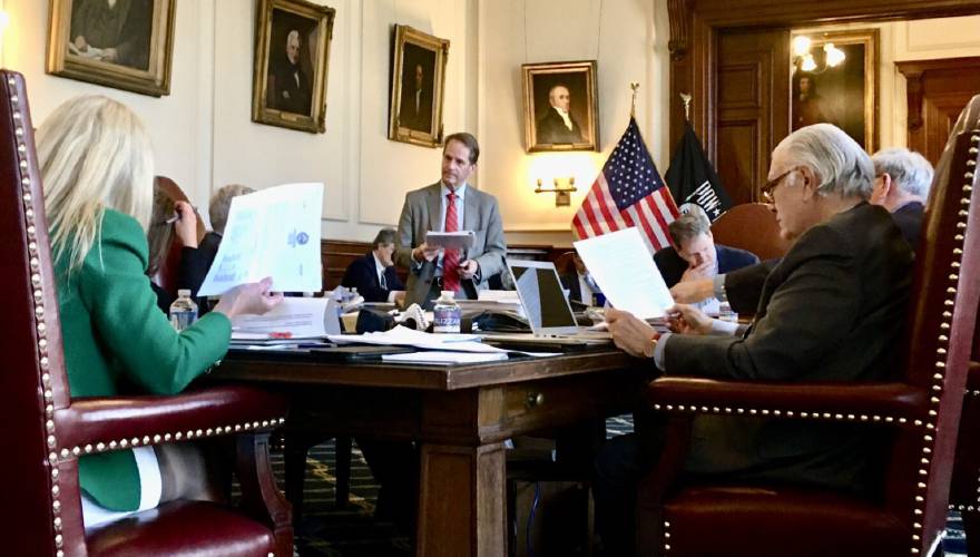 Frank Edelblut, commissioner of the Department of Education, said the department does not have immediate plans to ask lawmakers for emergency funding. Here, Edelblut (center) answers questions from the Executive Council on Wednesday, March 23, 2022. Frank Edelblut, commissioner of the Department of Education, said the department does not have immediate plans to ask lawmakers for emergency funding. Here, Edelblut (center) answers questions from the Executive Council on Wednesday, March 23, 2022.