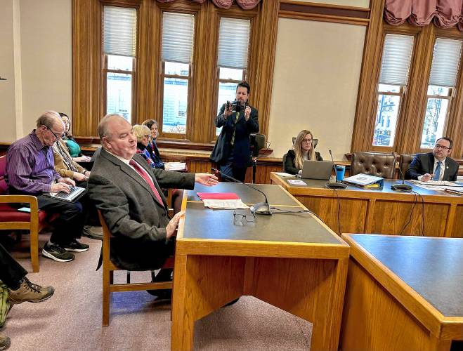 Sen. Bill Gannon (R-Sandown) testifies before the Senate committee on Election Law and Municipal Affairs. He said his bill to split New Hampshire's electoral college votes could more accurately reflect voters and benefit the state's political engagement and importance. Sen. Bill Gannon (R-Sandown) testifies before the Senate committee on Election Law and Municipal Affairs. He said his bill to split New Hampshire's electoral college votes could more accurately reflect voters and benefit the state's political engagement and importance.