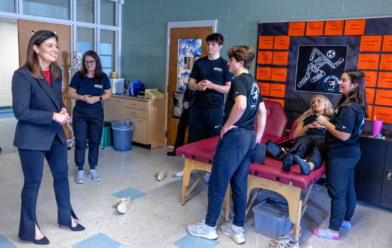 Governor Kelly Ayotte talks with CRTC Sports Medicine students at Concord High School as she gets a tour of all the programs at the school on Thursday, March 6, 2025.