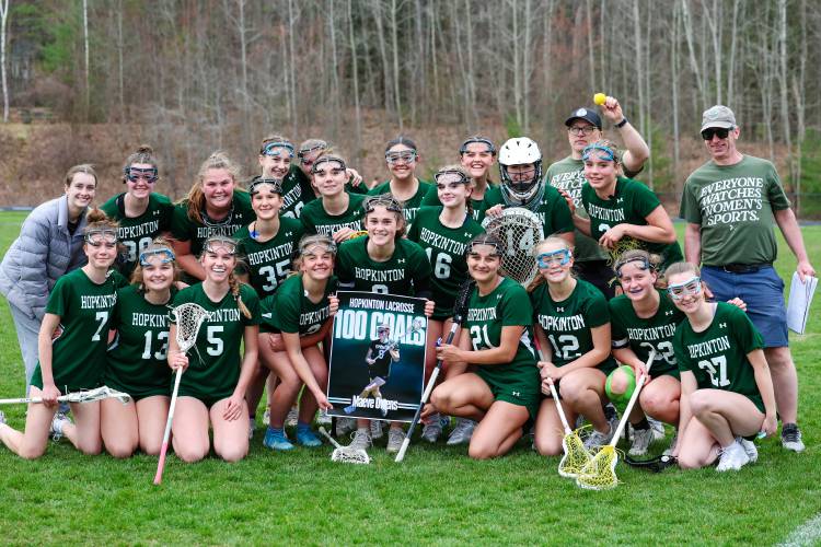 Hopkinton’s junior attacker and captain, Maeve Owens, reached her 100th career goal mark by scoring five goals against Bow.