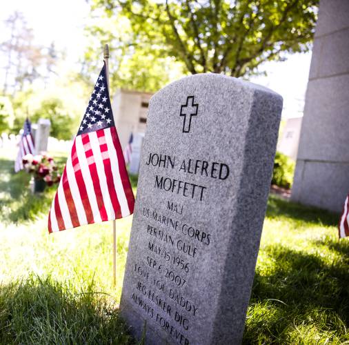  The flag for the marker for Marguerite Moffet’s Marine veteran son, John, at the NH Veterans Cemetery in Boscawen.