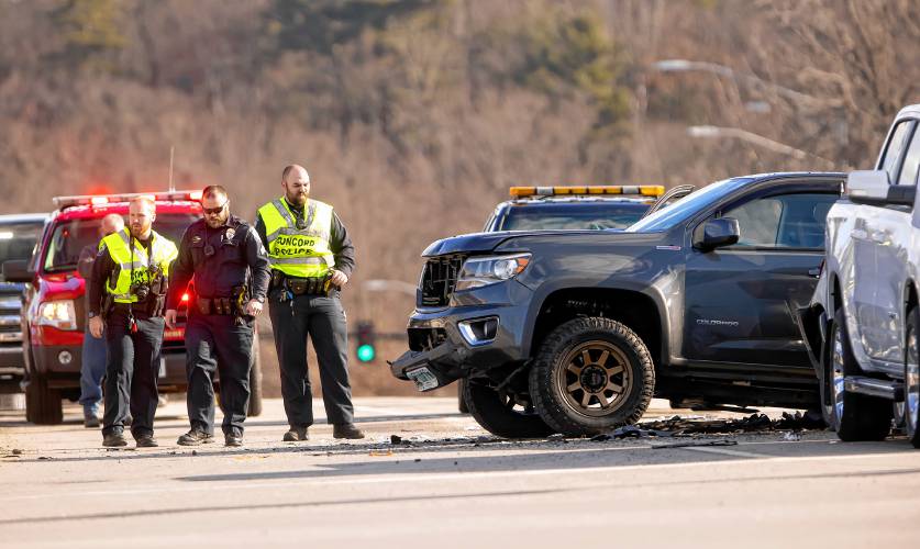 Concord police and fire at the scene of a multi-car accident at the traffic light of Loudon Road and Fort Eddy on Friday morning, January 12, 2024. Loudon Road was closed in both directions while the police figured out the events of the crash.