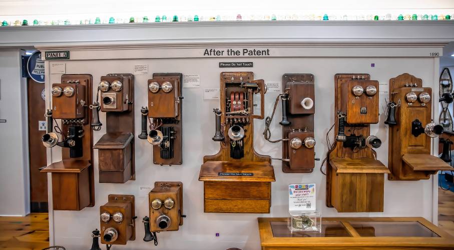 A collection of early Western Electric phones at the New Hampshire Telephone Museum in Warner.