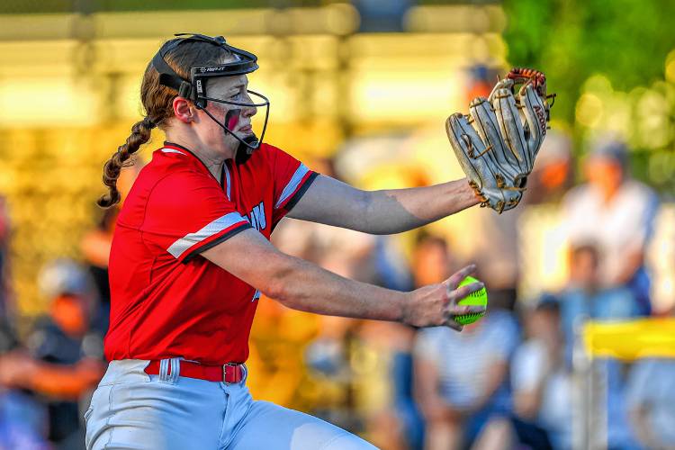 Coe-Brown's Kylie Bieniek pitching during her no-hitter in the D-II softball semifinal win for the Bears over Bow on Tuesday, June 4, 2024.