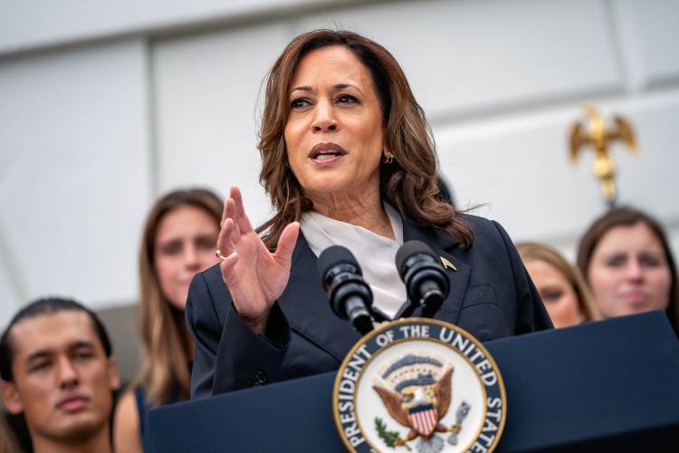 U.S. Vice President Kamala Harris speaks during an NCAA championship teams celebration on the South Lawn of the White House on July 22, 2024 in Washington, DC. U.S. President Joe Biden abandoned his campaign for a second term after weeks of pressure from fellow Democrats to withdraw and just months ahead of the November election, throwing his support behind Harris. (Andrew Harnik/Getty Images/TNS)