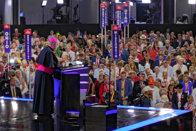 Milwaukee Archbishop Jerome Listecki give the invocation for the evening session of the Republican National Convention Monday, July 15, 2024, in Milwaukee. (AP Photo/Morry Gash)