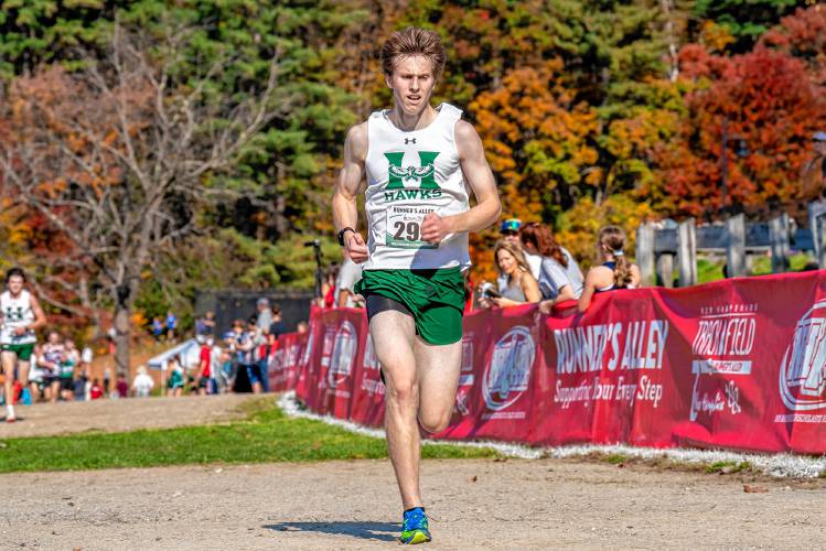 Hopkinton’s Matt Clarner races towards the finish line at the Division III boys’ state championship on Saturday at Derryfield Park in Manchester. Clarner finished sixth to lead the Hawk boys to a team title, their first since 2012.