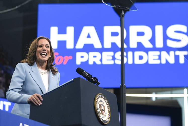 FILE - Vice President Kamala Harris speaks during a campaign rally, July 30, 2024, in Atlanta. Harris, the daughter of immigrants who rose through the California political and law enforcement ranks to become the first female vice president in U.S. history, is poised to secure the Democratic Party's presidential nomination Monday, Aug. 5, 2024. (AP Photo/John Bazemore, File)