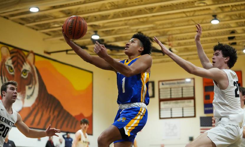 Franklin’s Zeke McCoy (1) goes up for a basket during a game at the 44th annual Mike Lee Holiday Bash against Kennett at Farmington High School on Dec. 28, 2023. McCoy scored his 1,000th point and led Franklin to its best season since 2016. Now, the Tornadoes will be able to set milestones inside their own gymnasium. 