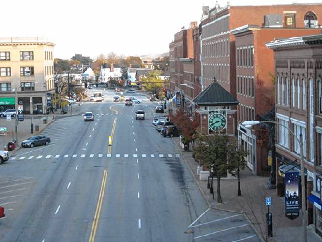 A view of a portion of Main Street in Concord before the makeover appears similar to Northampton’s Main Street: a wide boulevard with two lanes in each direction and no dedicated bike lanes.