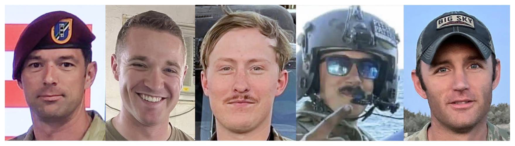 These undated photos provided by U.S. Army Special Operations Command Public Affairs, shows the five Army aviation special operations forces killed when their helicopter crashed in the Eastern Mediterranean over the weekend. From left are, Chief Warrant Officer 3 Stephen R. Dwyer, of Clarksville, Tenn., Sgt. Andrew P. Southard, of Apache Junction, Ariz., Staff Sgt. Tanner W. Grone, of Gorham, N.H., Sgt. Cade M. Wolfe, of Mankato, Minn., and Chief Warrant Officer 2 Shane M. Barnes,...